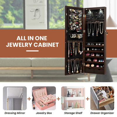 Lockable Wall Mount Mirrored Jewelry Cabinet with LED Lights-Brown