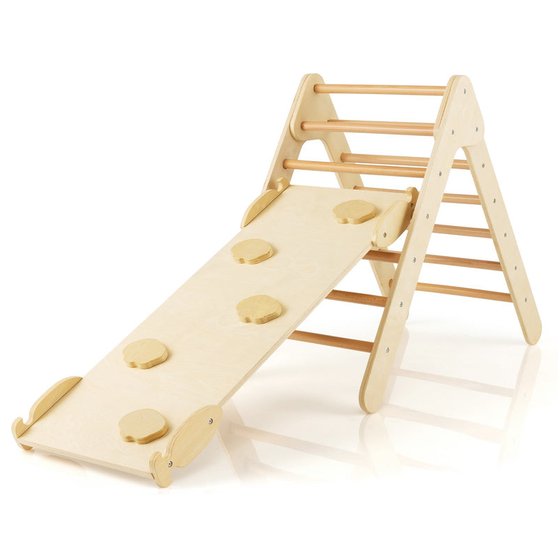 *3-in-1 Wooden Climbing Triangle Set Triangle Climber with Ramp - Natural