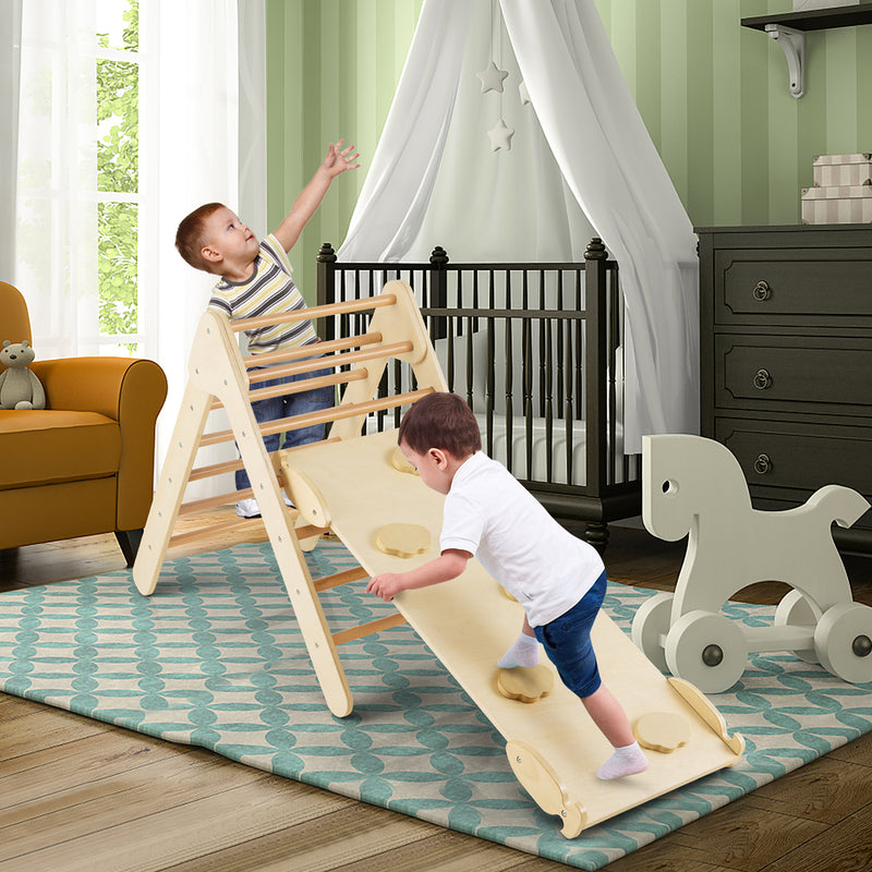 *3-in-1 Wooden Climbing Triangle Set Triangle Climber with Ramp - Natural