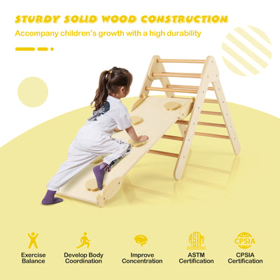 *3-in-1 Wooden Climbing Triangle Set Triangle Climber with Ramp - Natural