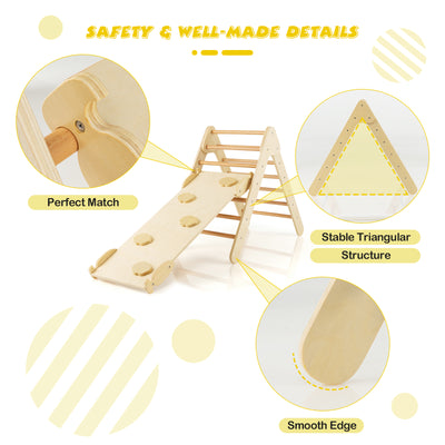 *3-in-1 Wooden Climbing Triangle Set Triangle Climber with Ramp - Natural