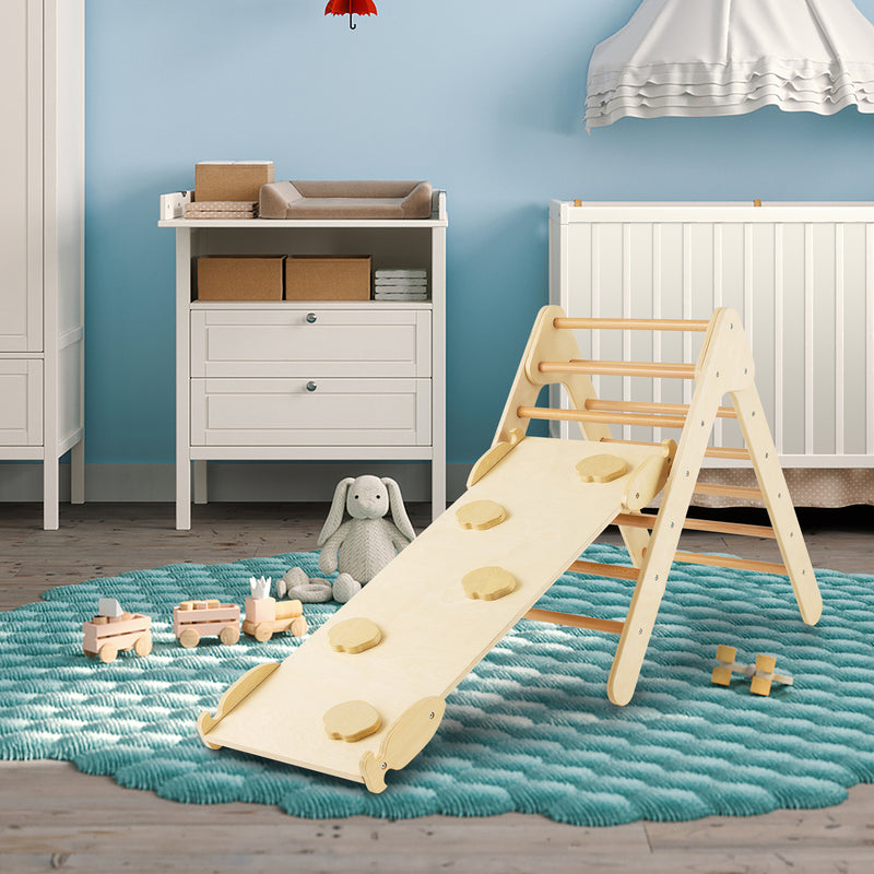 *3-in-1 Wooden Climbing Triangle Set Triangle Climber with Ramp - Natural