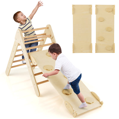*3-in-1 Wooden Climbing Triangle Set Triangle Climber with Ramp - Natural