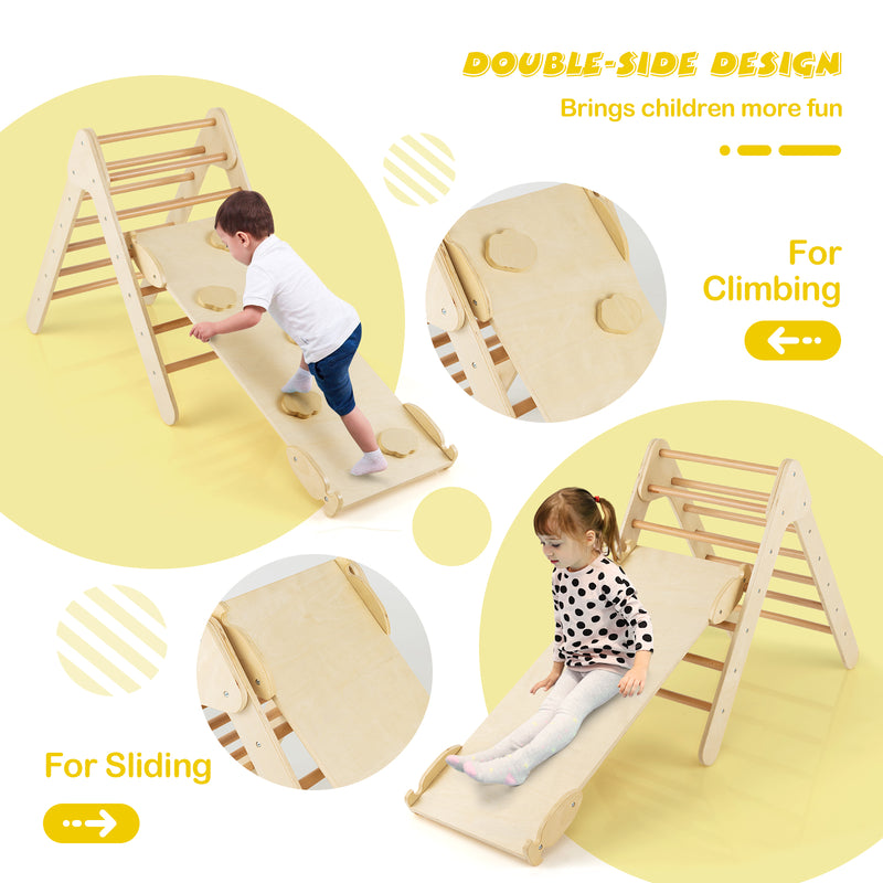 *3-in-1 Wooden Climbing Triangle Set Triangle Climber with Ramp - Natural