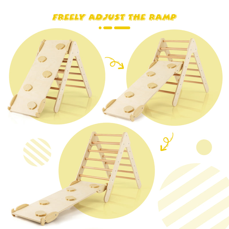 *3-in-1 Wooden Climbing Triangle Set Triangle Climber with Ramp - Natural