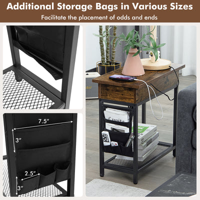 Industrial End Table with Charging Station and Flip Top-Rustic Brown
