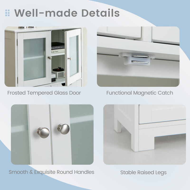 3 Tier Freee-Standing Bathroom Cabinet with 2 Drawers and Glass Doors-White
