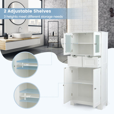 3 Tier Freee-Standing Bathroom Cabinet with 2 Drawers and Glass Doors-White