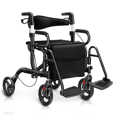 *2-in-1 Folding Rollator Walker Transport Wheelchair with Seat and Reversible Backrest - Black