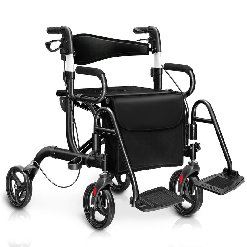 *2-in-1 Folding Rollator Walker Transport Wheelchair with Seat and Reversible Backrest - Black