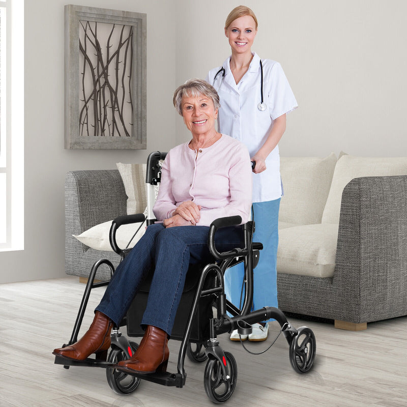 *2-in-1 Folding Rollator Walker Transport Wheelchair with Seat and Reversible Backrest - Black