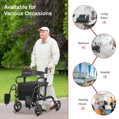*2-in-1 Folding Rollator Walker Transport Wheelchair with Seat and Reversible Backrest - Black