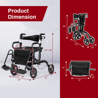 *2-in-1 Folding Rollator Walker Transport Wheelchair with Seat and Reversible Backrest - Black