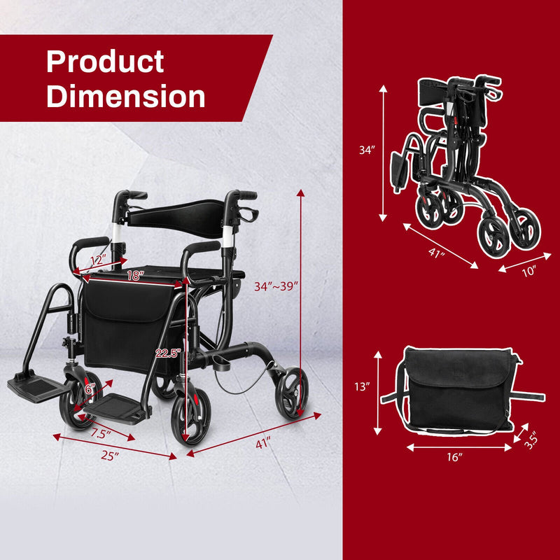 *2-in-1 Folding Rollator Walker Transport Wheelchair with Seat and Reversible Backrest - Black