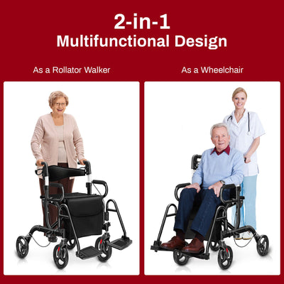*2-in-1 Folding Rollator Walker Transport Wheelchair with Seat and Reversible Backrest - Black