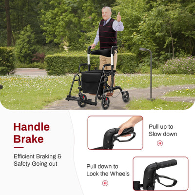 *2-in-1 Folding Rollator Walker Transport Wheelchair with Seat and Reversible Backrest - Black