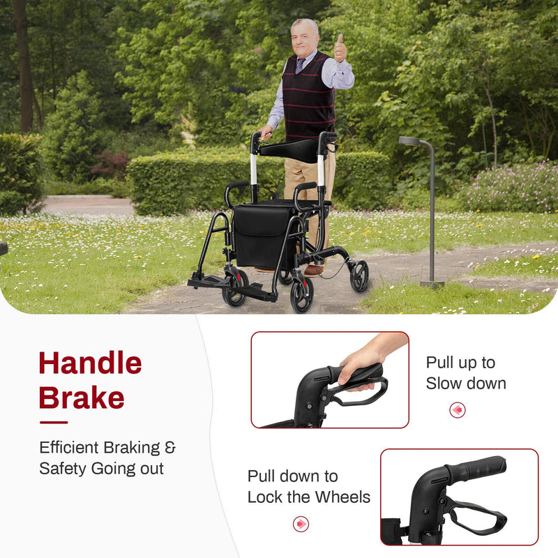 *2-in-1 Folding Rollator Walker Transport Wheelchair with Seat and Reversible Backrest - Black