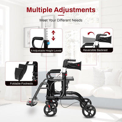 *2-in-1 Folding Rollator Walker Transport Wheelchair with Seat and Reversible Backrest - Black