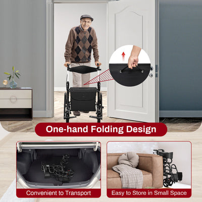 *2-in-1 Folding Rollator Walker Transport Wheelchair with Seat and Reversible Backrest - Black