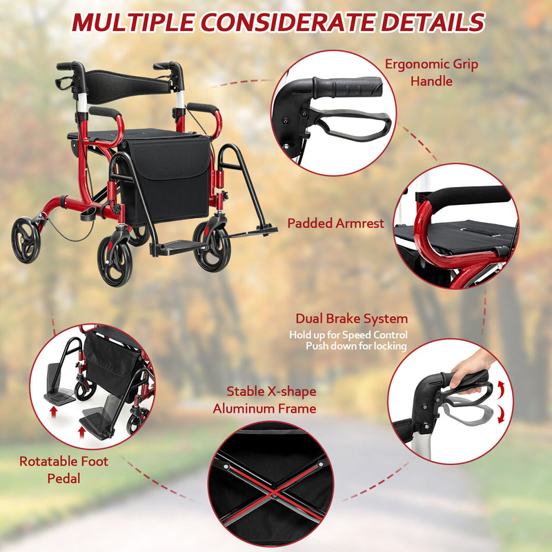 *Folding Rollator Walker with 8-inch Wheels and Seat - Red