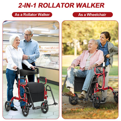 *Folding Rollator Walker with 8-inch Wheels and Seat - Red
