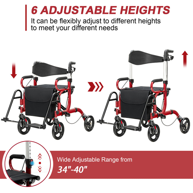 *Folding Rollator Walker with 8-inch Wheels and Seat - Red