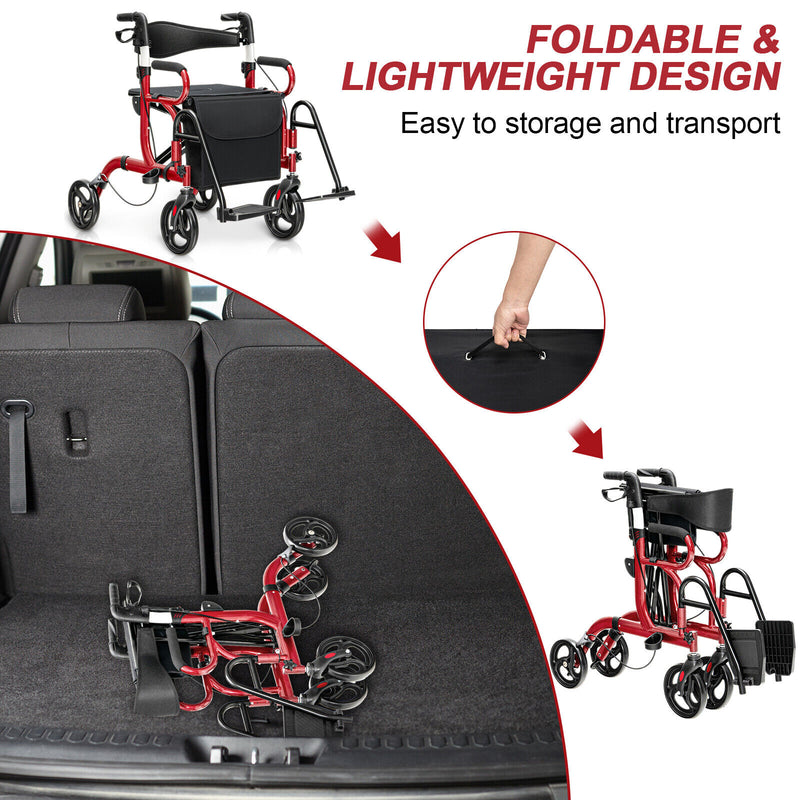 *Folding Rollator Walker with 8-inch Wheels and Seat - Red