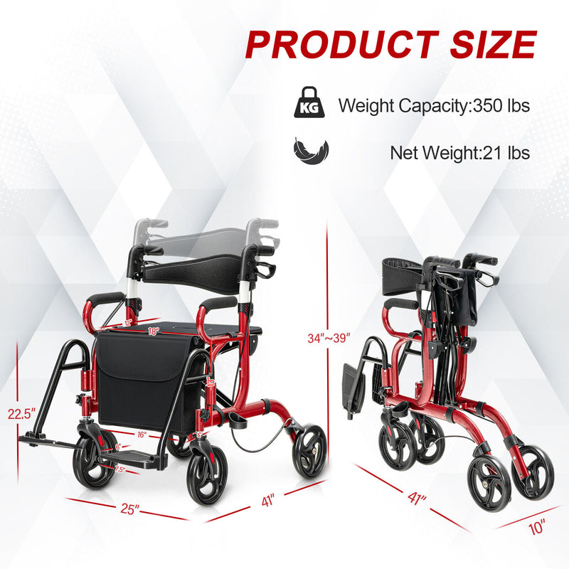 *Folding Rollator Walker with 8-inch Wheels and Seat - Red