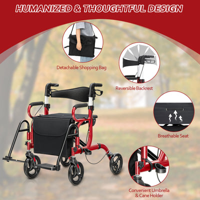 *Folding Rollator Walker with 8-inch Wheels and Seat - Red
