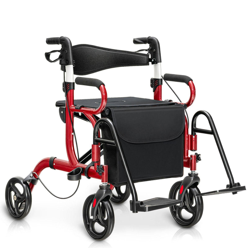 *Folding Rollator Walker with 8-inch Wheels and Seat - Red