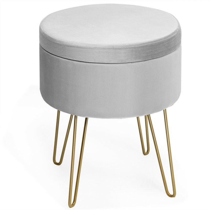 Round Velvet Storage Ottoman Footrest Stool Vanity Chair with Metal Legs-Gray