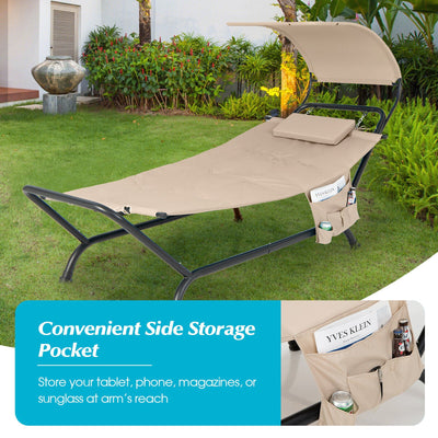 Patio Hanging Chaise Lounge Chair with Canopy Cushion Pillow and Storage Bag-Beige
