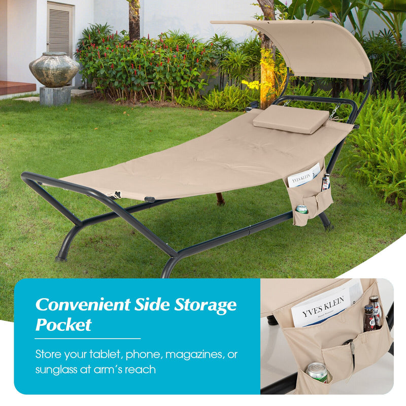 Patio Hanging Chaise Lounge Chair with Canopy Cushion Pillow and Storage Bag-Beige