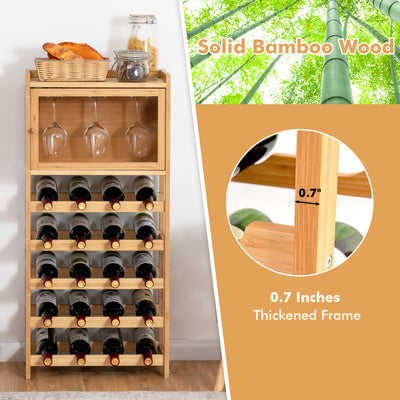 20-Bottle Freestanding Bamboo Wine Rack Cabinet with Display Shelf and Glass Hanger-Natural