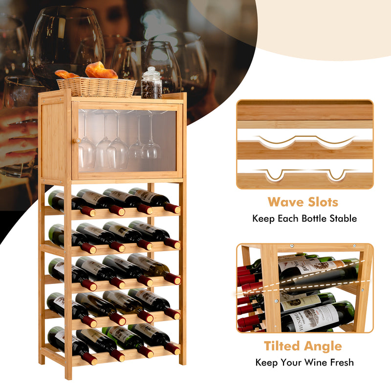 20-Bottle Freestanding Bamboo Wine Rack Cabinet with Display Shelf and Glass Hanger-Natural