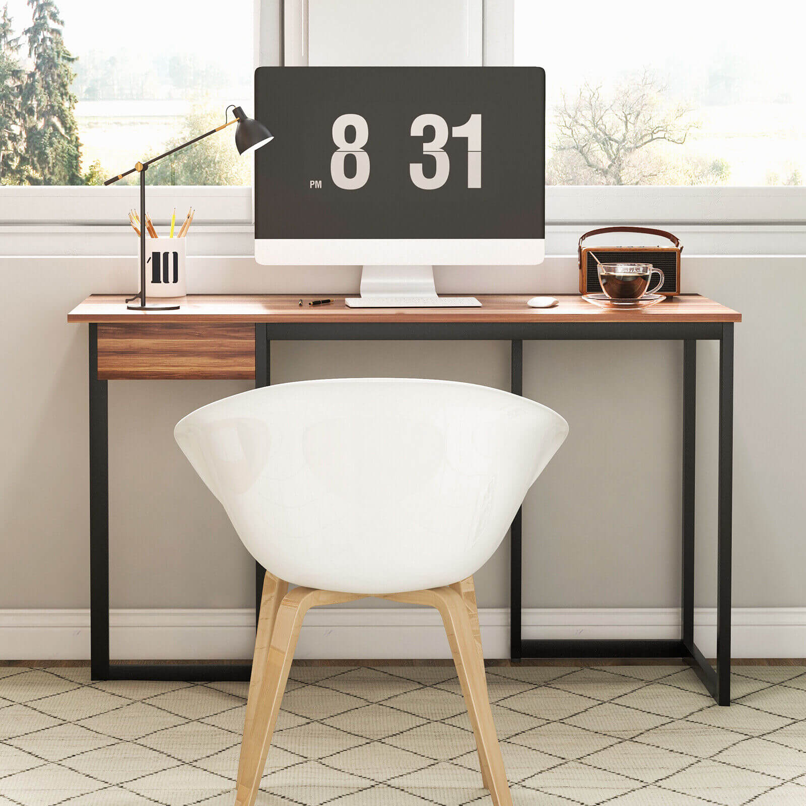 48 Inch Computer Desk with Metal Frame and Adjustable Pads-Walnut