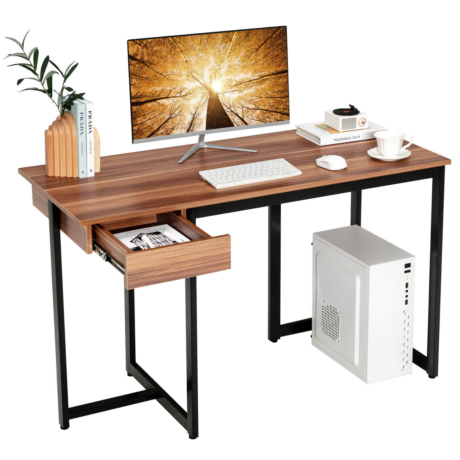 48 Inch Computer Desk with Metal Frame and Adjustable Pads-Walnut