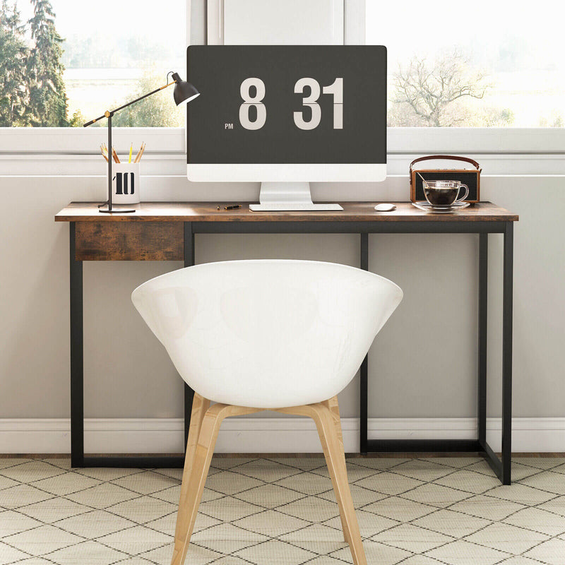 48 Inch Computer Desk with Metal Frame and Adjustable Pads-Brown
