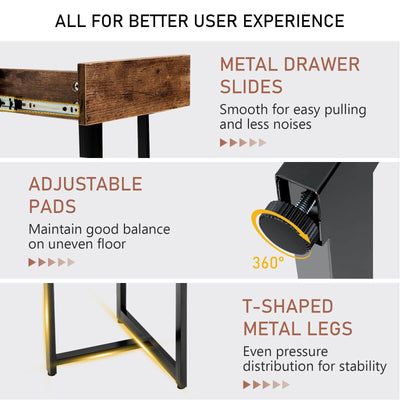 48 Inch Computer Desk with Metal Frame and Adjustable Pads-Brown