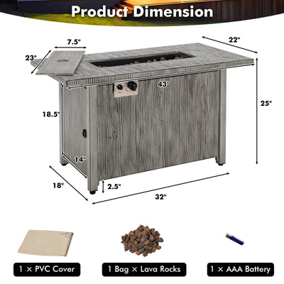 *43 Inch 50 000 BTU Propane Fire Pit Table with Removable Lid - Gray