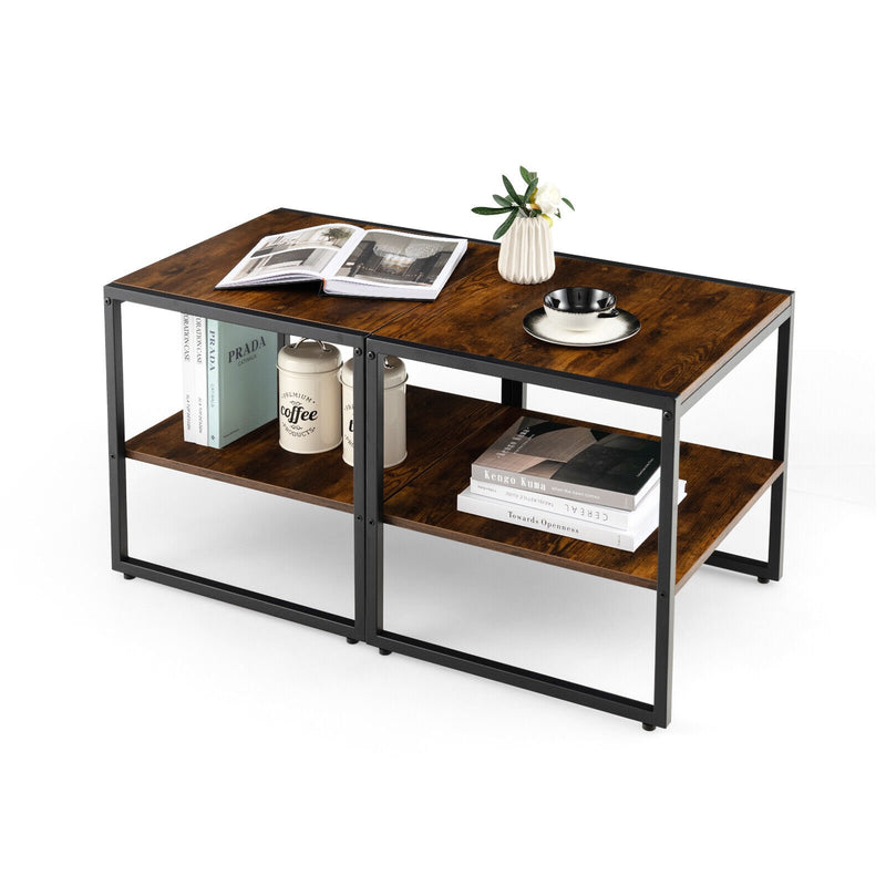 2 Pieces 2-Tier 20 Inch Square End Side Table for Living Room Bedroom-Rustic Brown