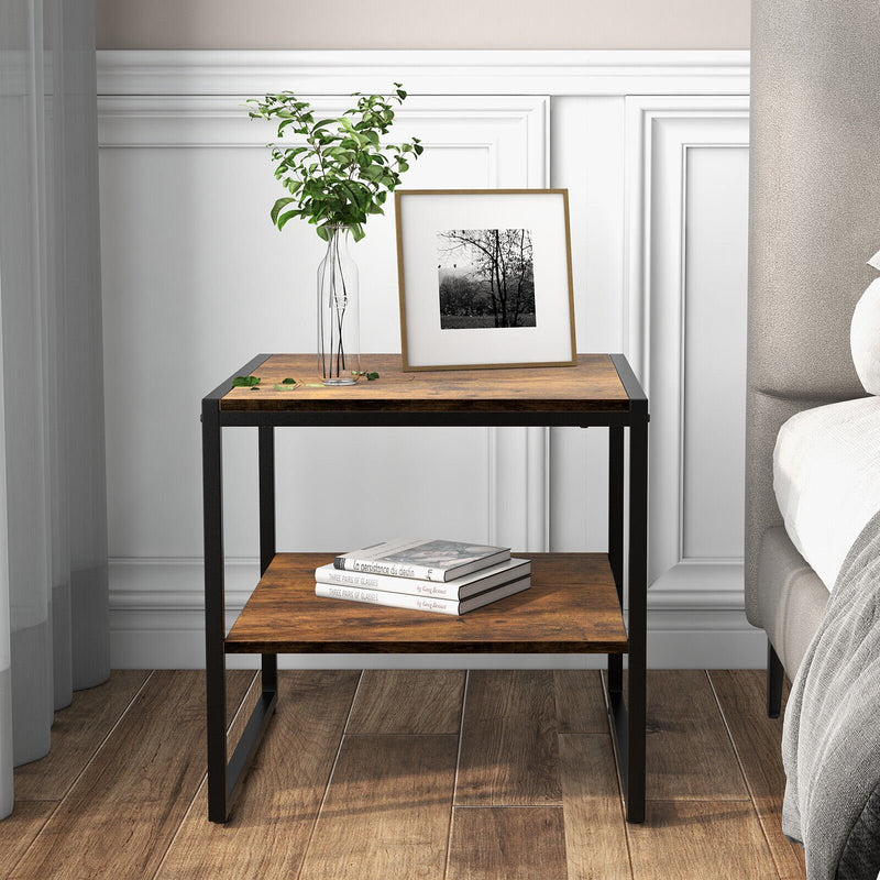 2 Pieces 2-Tier 20 Inch Square End Side Table for Living Room Bedroom-Rustic Brown