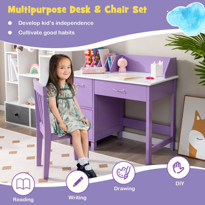 *Kids Wooden Writing Furniture Set with Drawer and Storage Cabinet - Purple