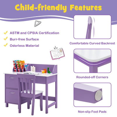 *Kids Wooden Writing Furniture Set with Drawer and Storage Cabinet - Purple