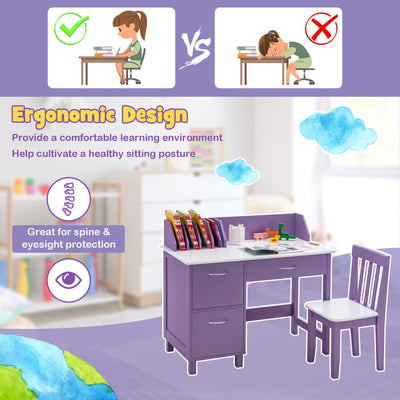 *Kids Wooden Writing Furniture Set with Drawer and Storage Cabinet - Purple
