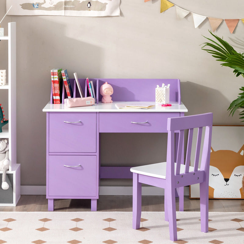 *Kids Wooden Writing Furniture Set with Drawer and Storage Cabinet - Purple