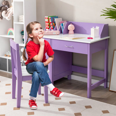 *Kids Wooden Writing Furniture Set with Drawer and Storage Cabinet - Purple