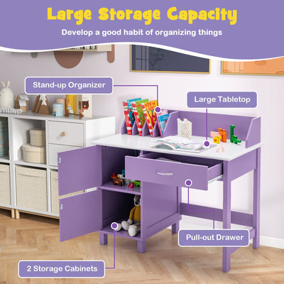*Kids Wooden Writing Furniture Set with Drawer and Storage Cabinet - Purple