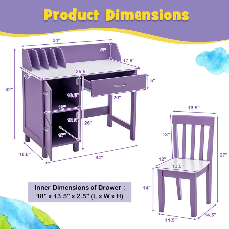 *Kids Wooden Writing Furniture Set with Drawer and Storage Cabinet - Purple
