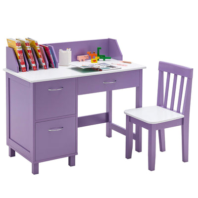 *Kids Wooden Writing Furniture Set with Drawer and Storage Cabinet - Purple